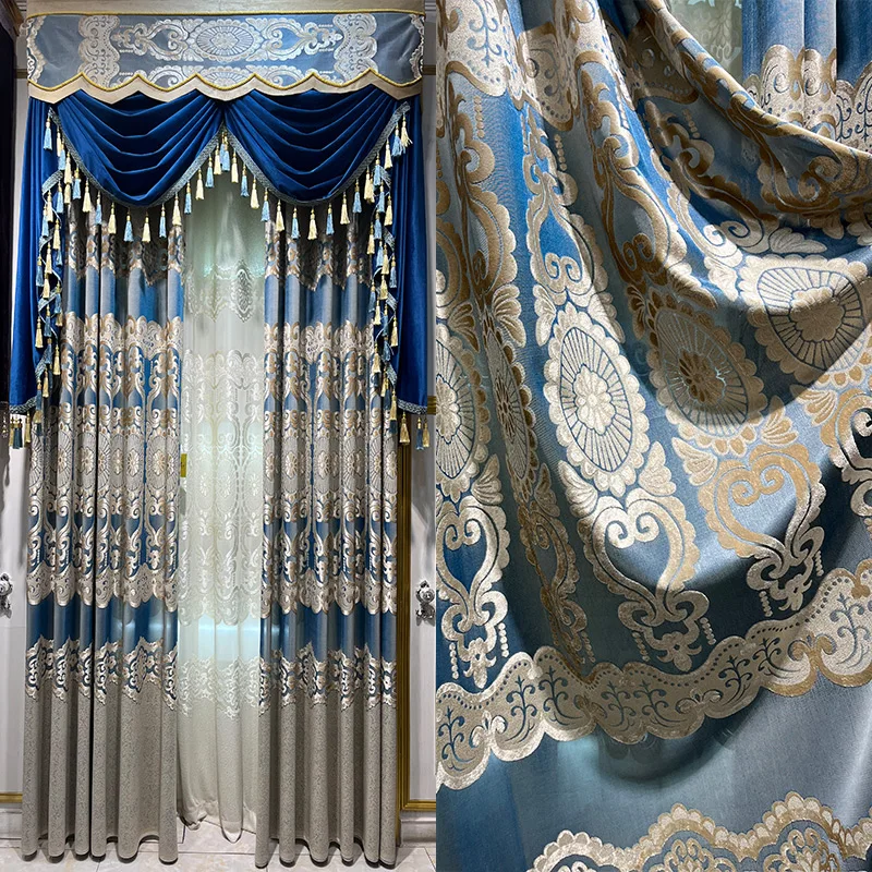 Custom Upscale European-American velvet floor-to-ceiling window blue cloth blackout curtain tulle valance drape C1859