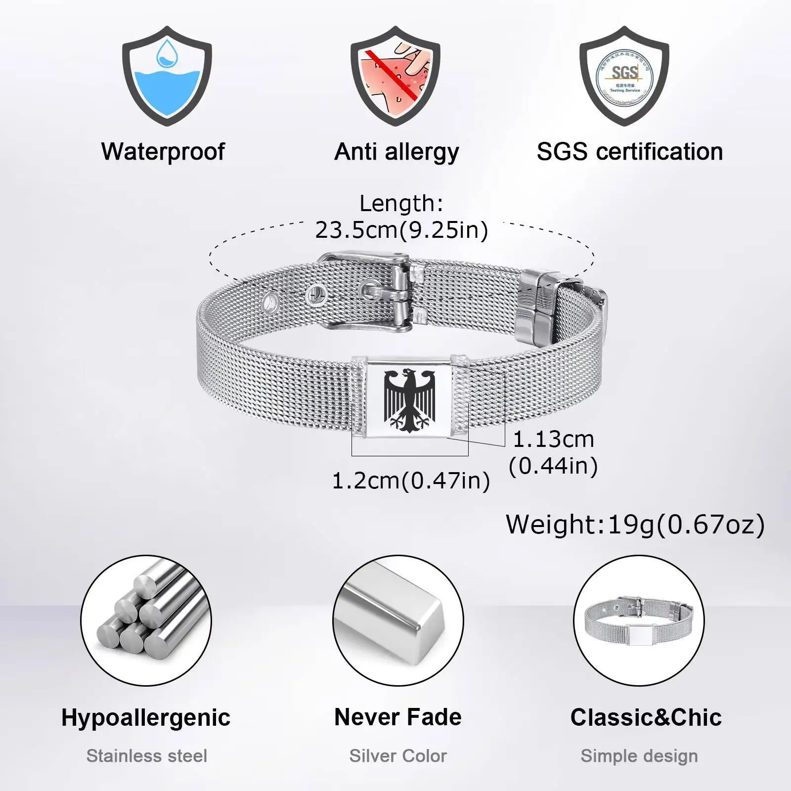 ドイツの鷲のブレスレット、男性、男の子用、ステンレススチールメッシュ調節可能なリストバンド、ドイツのジュエリーギフト