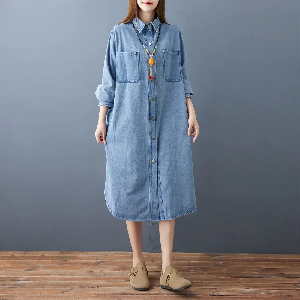 Lose Retro Langarm Denim Kleider frauen Herbst Drehen Unten Kragen Einreiher Hemd Kleid Weibliche Casual Mid-Länge kleid