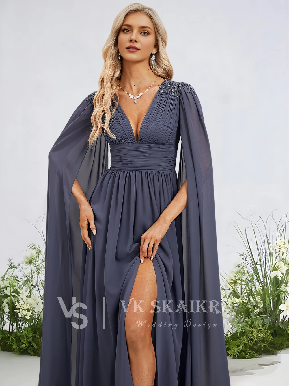 

A ​Women Stormy Floor-Length Evening Gown A-Line V-Neck Chiffon Dress Pleated Sequins Lace Appliques Prom Wedding Party​
