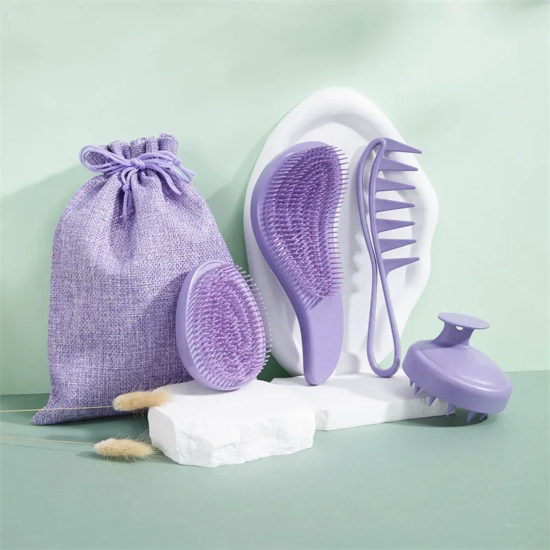 4 قطعة/المجموعة فرشاة العناية مجموعة القمح القش مشط سيليكون تدليك فرشاة لنمو الشعر واسعة الأسنان وفك تشابك فرشاة مع شنطة هدايا #1
