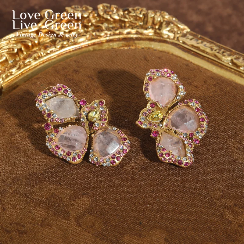 

Vintage Butterfly Flower Pink Stud Earrings Crystal Colorful Rhinestone For Women High Brand Quality Classic New 2026 Jewelry