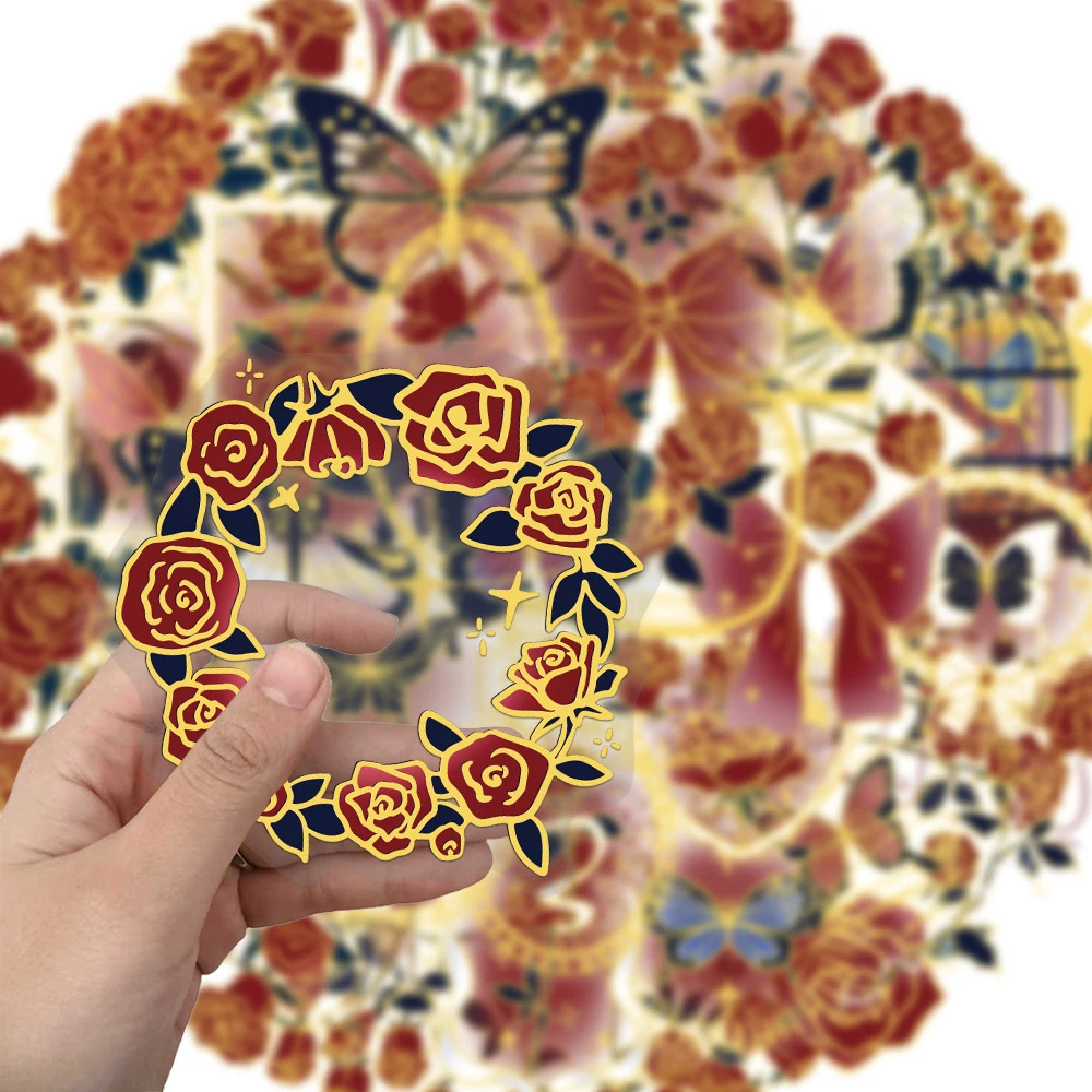 สติกเกอร์ลายการ์ตูนสไตล์วินเทจลายดอกกุหลาบ 10/30/50 ชิ้น สติกเกอร์ใส PET สำหรับตกแต่งกระเป๋าเดินทาง สมุดโน้ต โทรศัพท์ ของเล่น