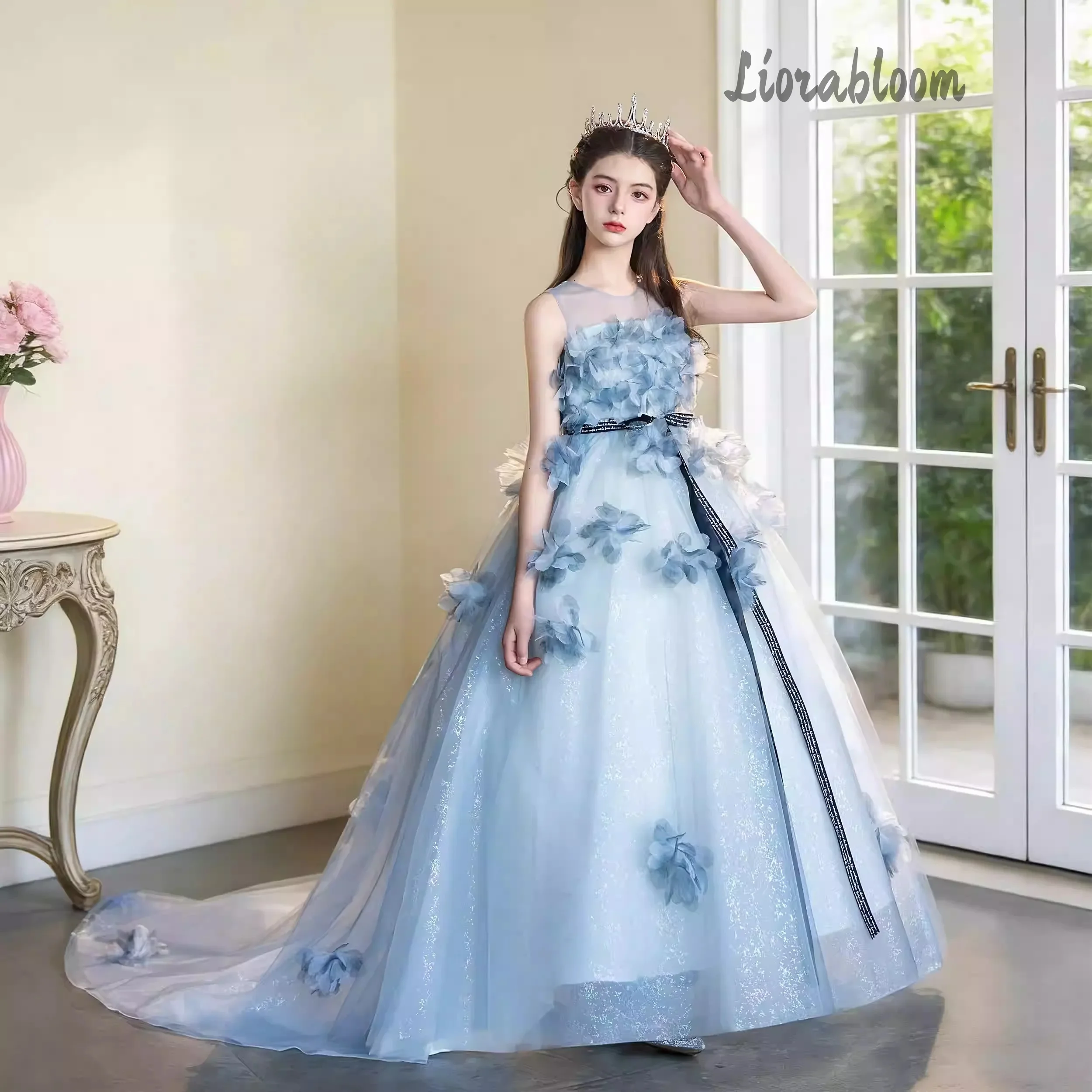 

Extra Large Blue Girls' Formal Gown Elegant Evening Wear with Long Train Flower Girl Dress Princess Party Dress