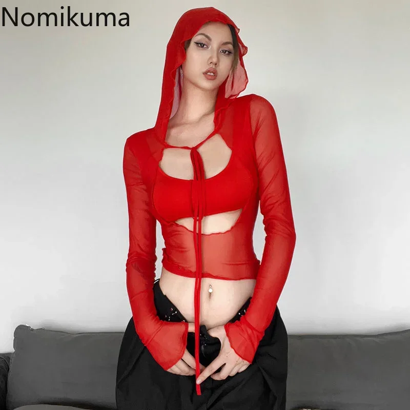 Nomikuma Y2k Tops Spring Summer Hollow Out Hooded Gauze Patchwork Camisetas Harajuku Elegant Street Punk Style Women Clothing