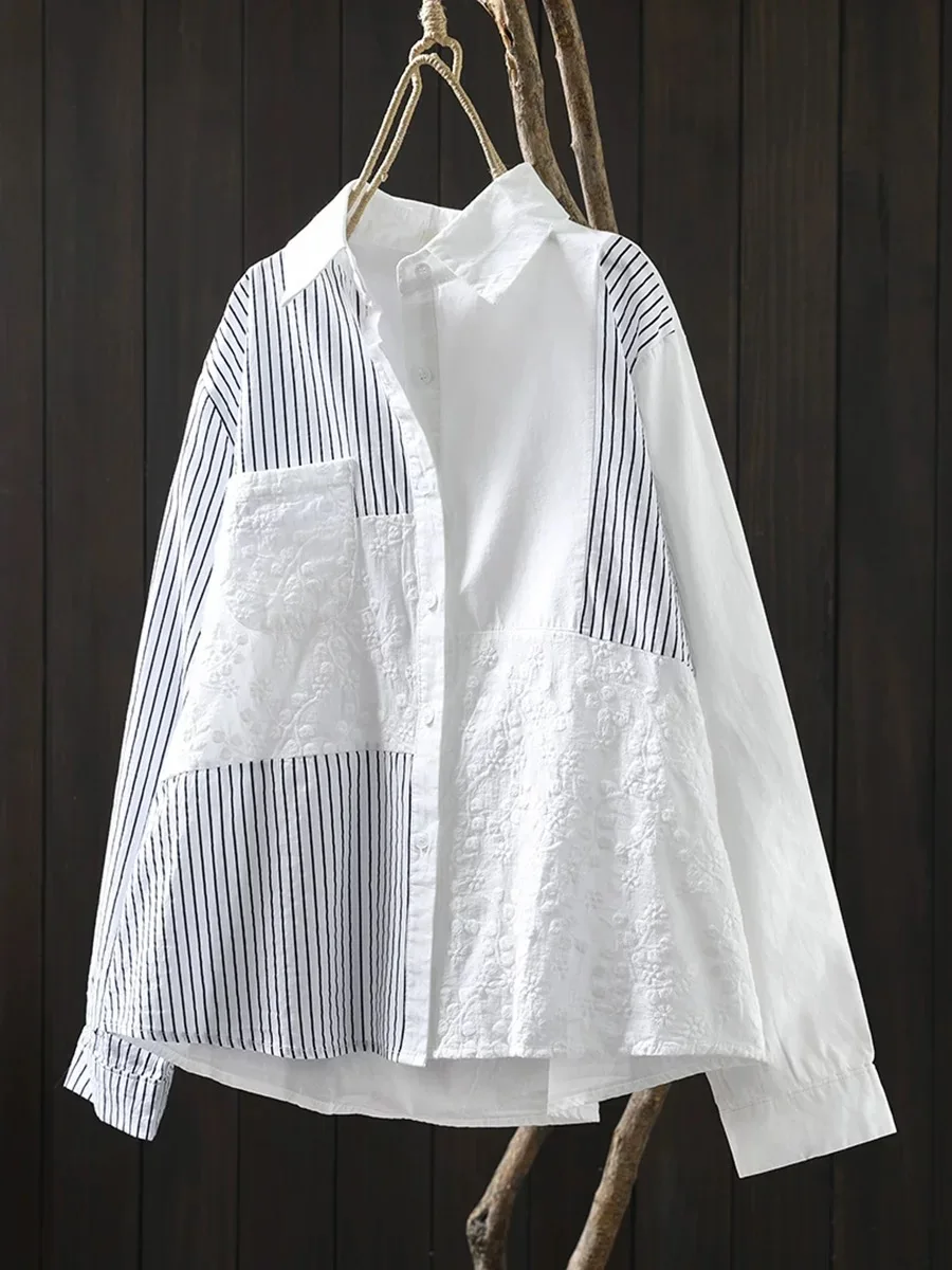 

Ele вышитый цветочный топ из чистого хлопка в полоску, женский весенне-осенний антивозрастной длинный топ све для поездок на работу и в тон