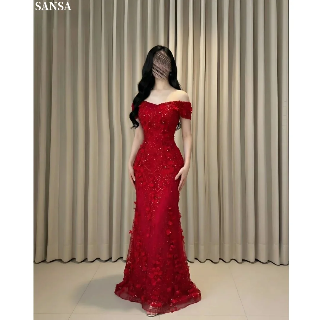 

Sansa Customized Burgundy Off Shoulder Prom Dresses Lace Embroidery 3D Flowers vestidos de noche Appliques Formal Evening 2026