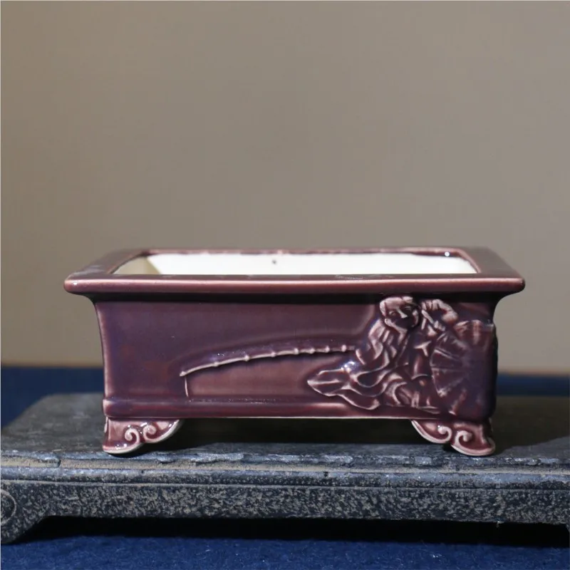 Relief Design Purple Clay Flower Pot Ceramic Bonsai Pot Rectangular Purple Horse Trough Pot Handmade Desktop Bonsai Flower Pot