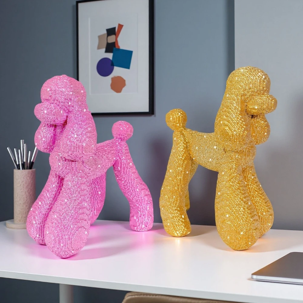 Glitter Resin Poodle Statue Modern Home Decoration Living Room Display Cabinet Study Desktop Office Poodle Ornaments Dog Model