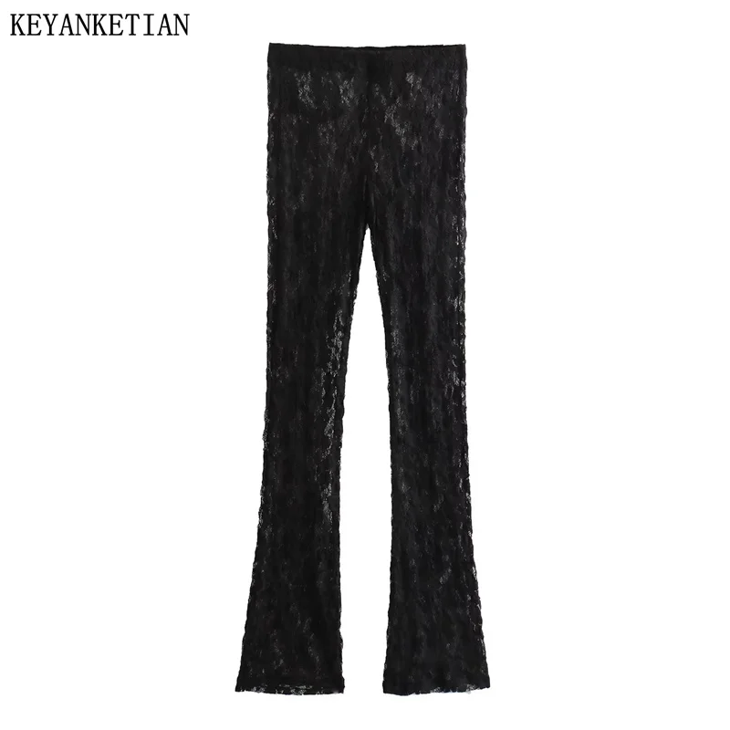 

KEYANKETIAN New Women's Perspective Lace bell-bottomed pants Stylish Retro Slit Decoration Thin Slim Skinny Long Trousers