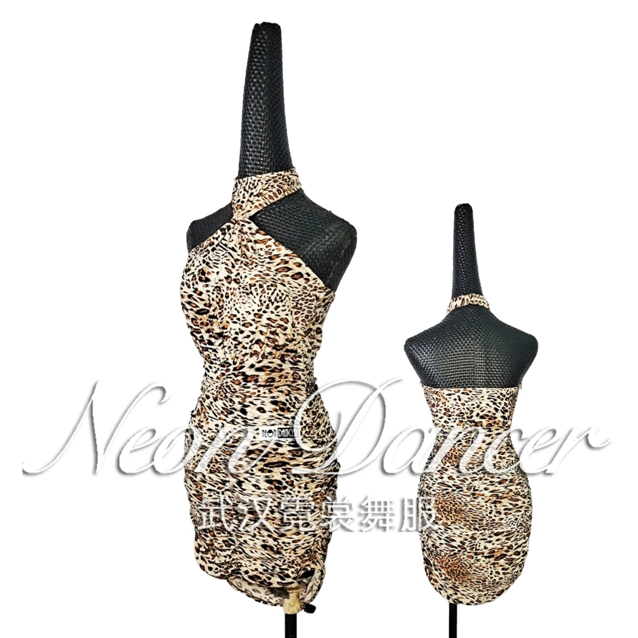 

Neondancer Women's Latin Dance Wear New Leopard Print Practice Wear Halter Neck High Neck Backless Dress