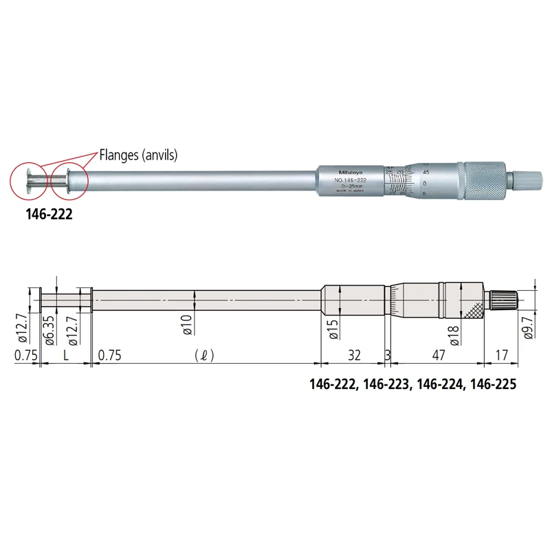 الأخدود Micrometer0-25-50-75mm146-122 121 123 124 146-221قياس العرض وعمق وموقع الأخدود ، داخل البئر