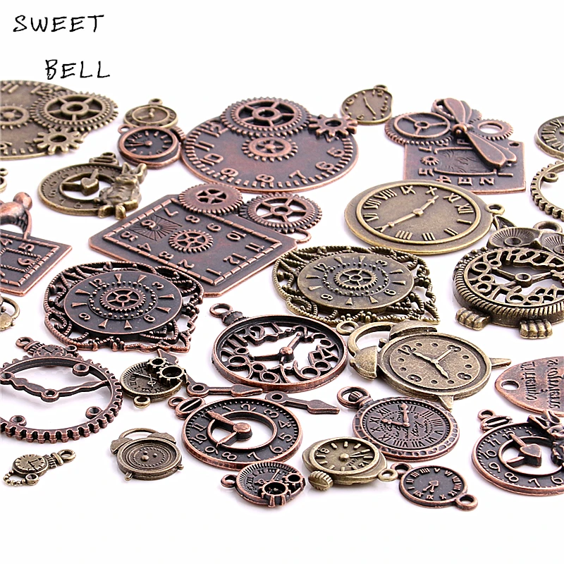 SWEET BELL 20pcs 2 Color Vintage Metal Zinc Alloy Mixed Clock Pendant Charms Steampunk Clock Charms For Diy Jewelry Making