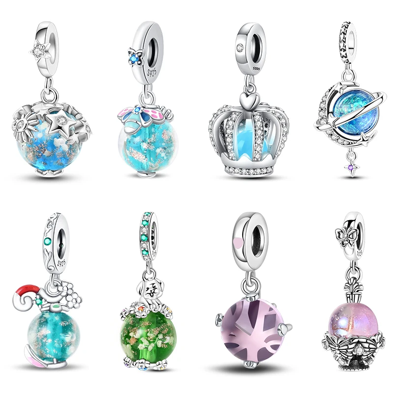 925 Silber Farbe Sparkly Planet Crown Kristall Ball Leuchtende Charms Perlen Fit 3mm 925 Original Armbänder DIY Schmuck für Frauen