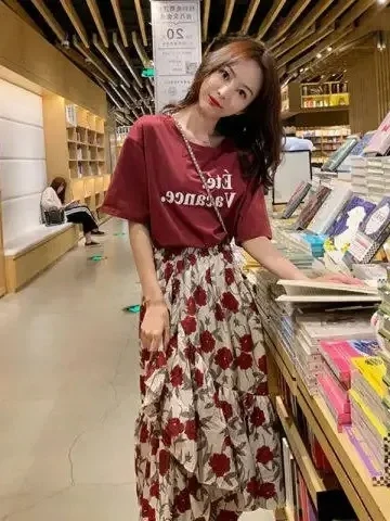 Elegant Floral Print Dress And Skirt Set for Women Spring Summer New Style High Waist Short Sleeve Casual Sportswear