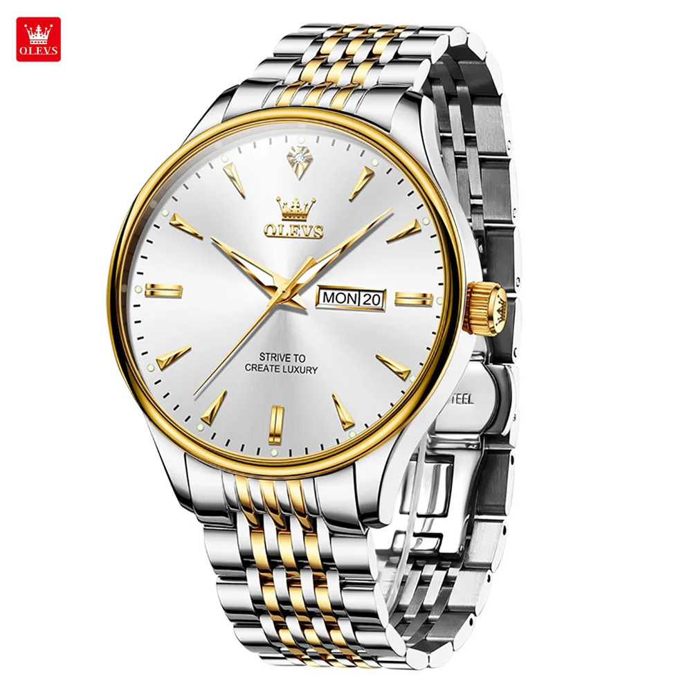 

Мужские кварцевые часы OLEVS 2929 с браслетом из нержавеющей стали, деловые, для офиса, с белым циферблатом, указателем дня и даты, светящимися стрелками, водонепроницаемые до 30 метров.