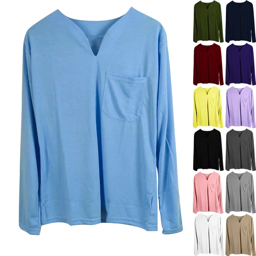 Tshirt Man 2025 Casual New European Fashion men's Sportswear V-neck long-sleeved Top Solid Color Pocket Clothing