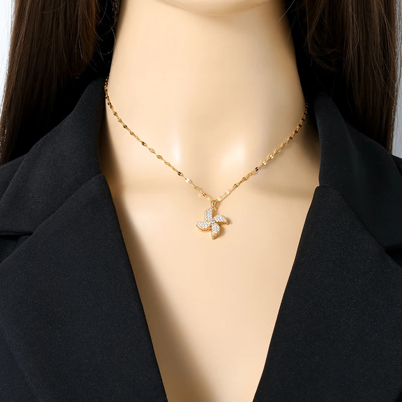 EILIECK Neue Mode Edelstahl Rotierendes Grünes Kleeblatt Zirkon Halsketten-Armband-Set für Frauen Trendiger Wasserdichter Schmuck Geschenk – Detail 16