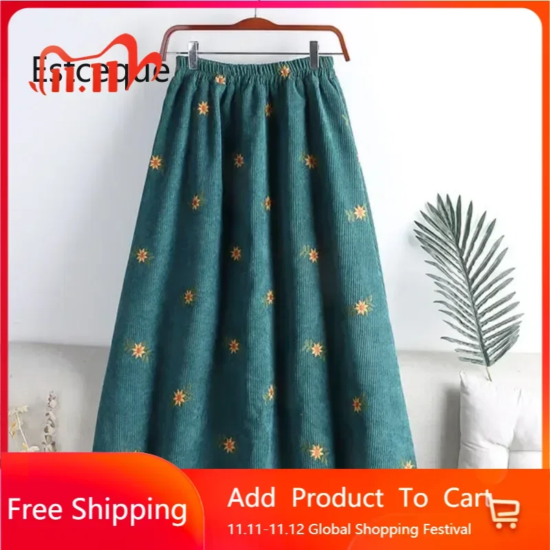 

Вельветовые женские юбки с вышивкой, осень-зима, Новое поступление, юбки с цветочным принтом, женская утягивающая юбка до середины икры с высокой талией для женщин