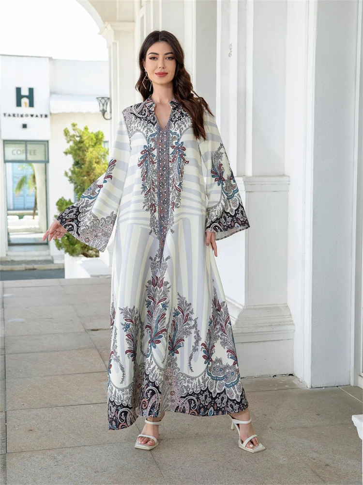 

Fashionable Printed V-neck Flared Sleeves, Loose And Slimming A-line Dress, Elegant Knee-length Long Dress For Women
