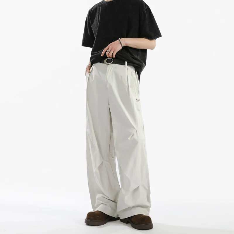 

Vintage Trousers Cargo Wide Leg Solid Color Elastic Pockets High Waist Button Spring Autumn Men's Clothing Preppy Style Pants
