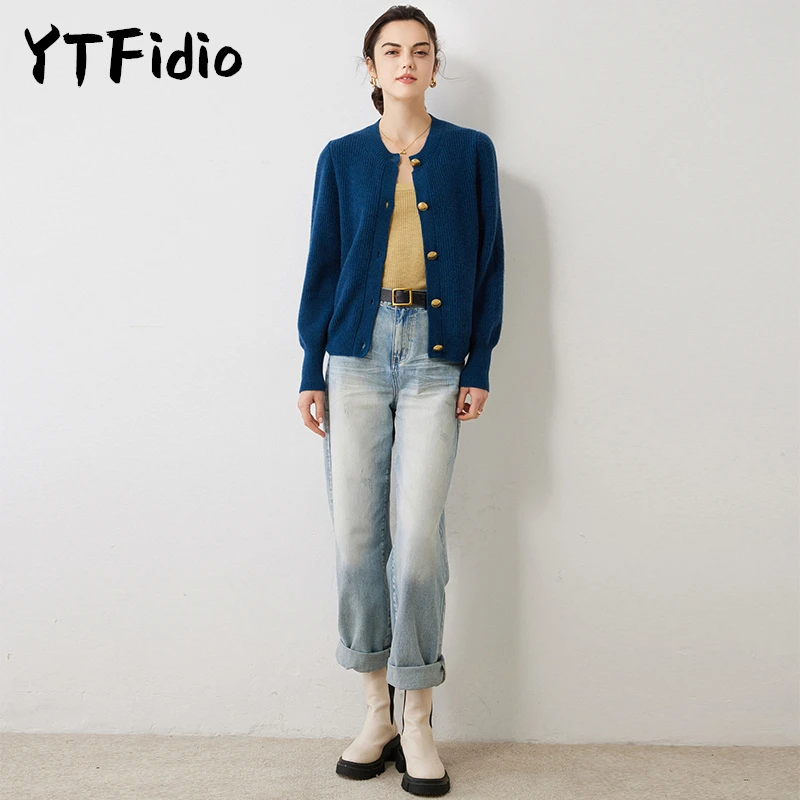 YTFidio 100% Cashmere Women Five Button O-neck Cardigan Causal Coats Solid Warm Knitwear Tops Sweater 29