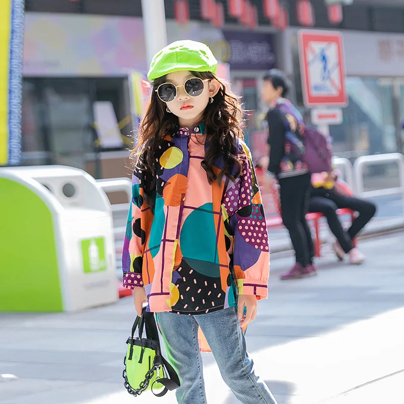 Girls Shirts Spring And Autumn 2024 New Middle-Aged Children And Hit Color Printing Shirts Long-Sleeved Tops Big Kids Clothing