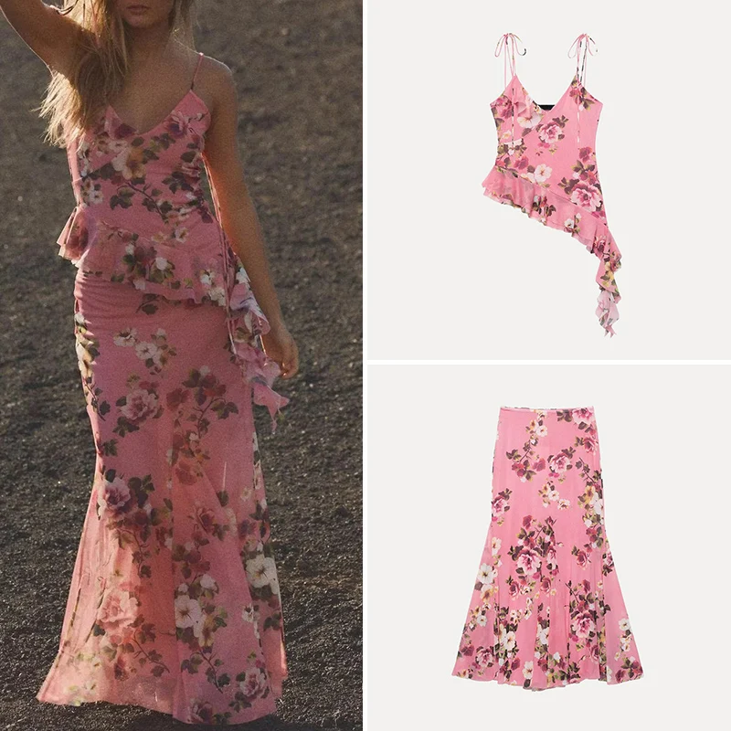 

Spring Faionable Women's Svel Strap Top And Long Skirt Set Ele Sle Polyester Fiber Student orm Work Outfit