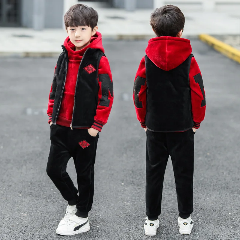 

Boys' suit with fleece and thickened for autumn and winter 2025 new style large children's suit Boys' hoodie three-piece set