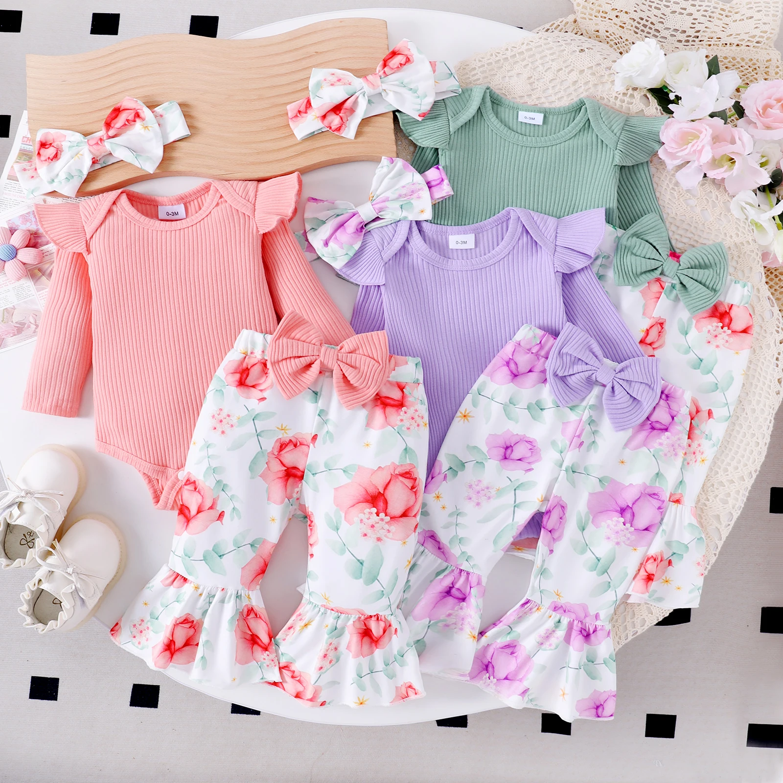 

Autumn Girls Aged 0-1, Comfortable Sweet Casual, Round Collar, Multi-Color Long-Sleeved Suit + Printed Pantsuit
