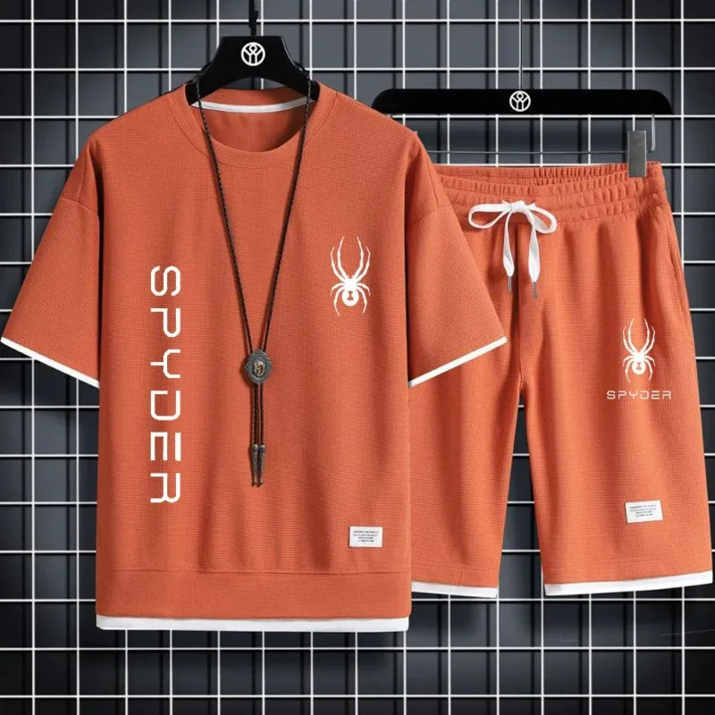 Spyder ชุดวอร์มผู้ชายแบบเกาหลีเสื้อยืดแขนสั้นและกางเกงกีฬาขาสั้นชุดลำลองฤดูร้อนชุดวิ่งชุดชุดสูทสองชิ้นผู้ชาย