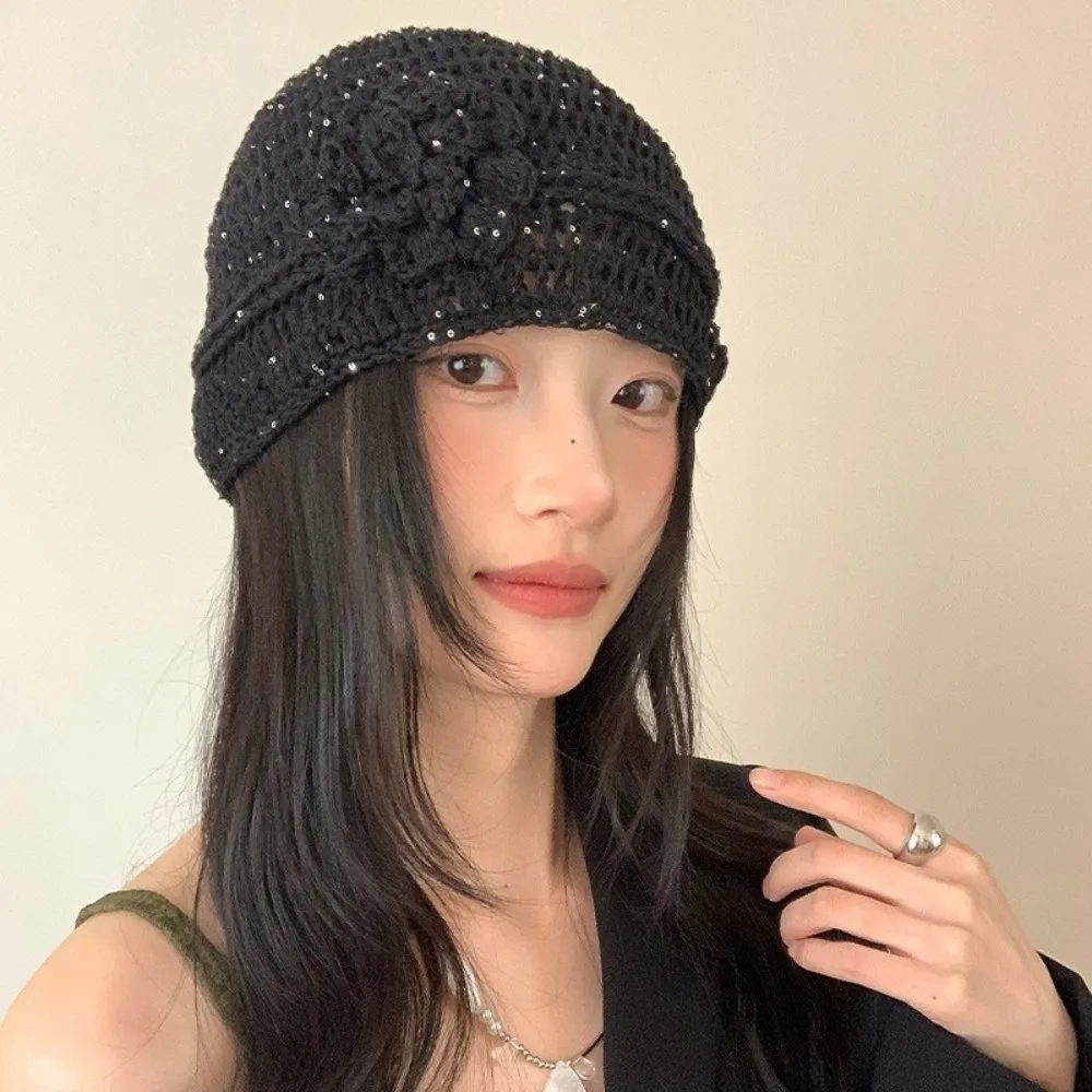 

Casual Flower Knitted Caps Hollow Hand-woven Beanies Cap Breathable Solid Color Sequin Crochet Hat