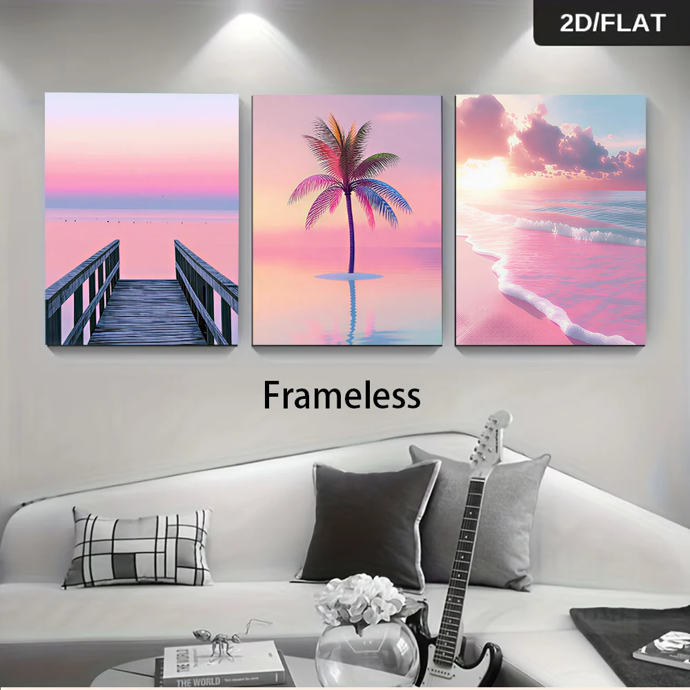 3PCS Frameless,1 set of modern minimalist three-panel frameless paintings, pink seascape and beach landscape wall art, 2D flat d