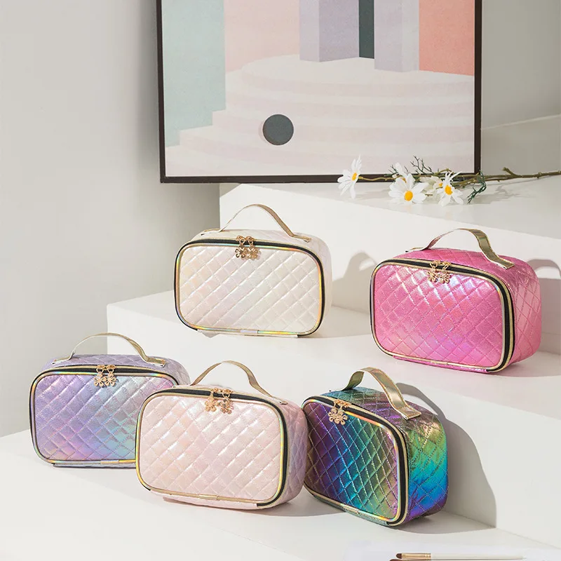 

Laser PU Leather Check Makeup Bag Carrying Large Capacity Cosmetic Bag Portable Makeup Case Travel Storage Bag with Handle