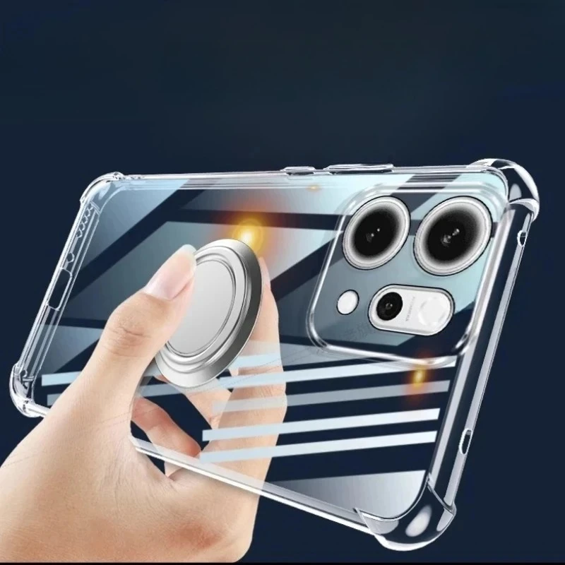 غطاء لهاتف اوبو رينو 14 برو حافظة شفافة مقاومة للصدمات لهاتف رينو 14 برو حامل حلقي مغناطيسي وسادة هوائية غلاف من السيليكون الناعم
