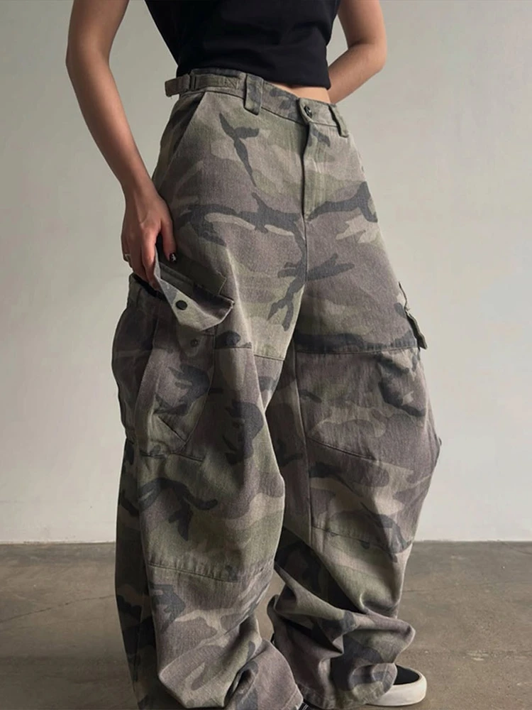 Camo Print Hooded Zip Elastic Cuff Cropped Loose Puffer Jacket Women Winter Warm Streetwear Coat
