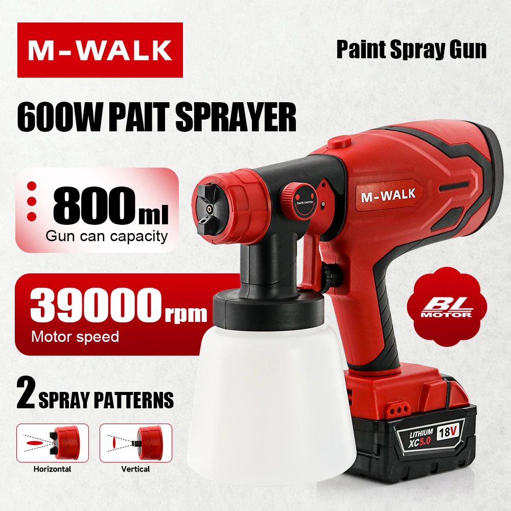 M-WALK 600W Paint Spray Gun 800ML Tank & 39000 RPM Brushless Motor Auto Furniture Wall Car Sprayer For Milwaukee 18V Battery Pin