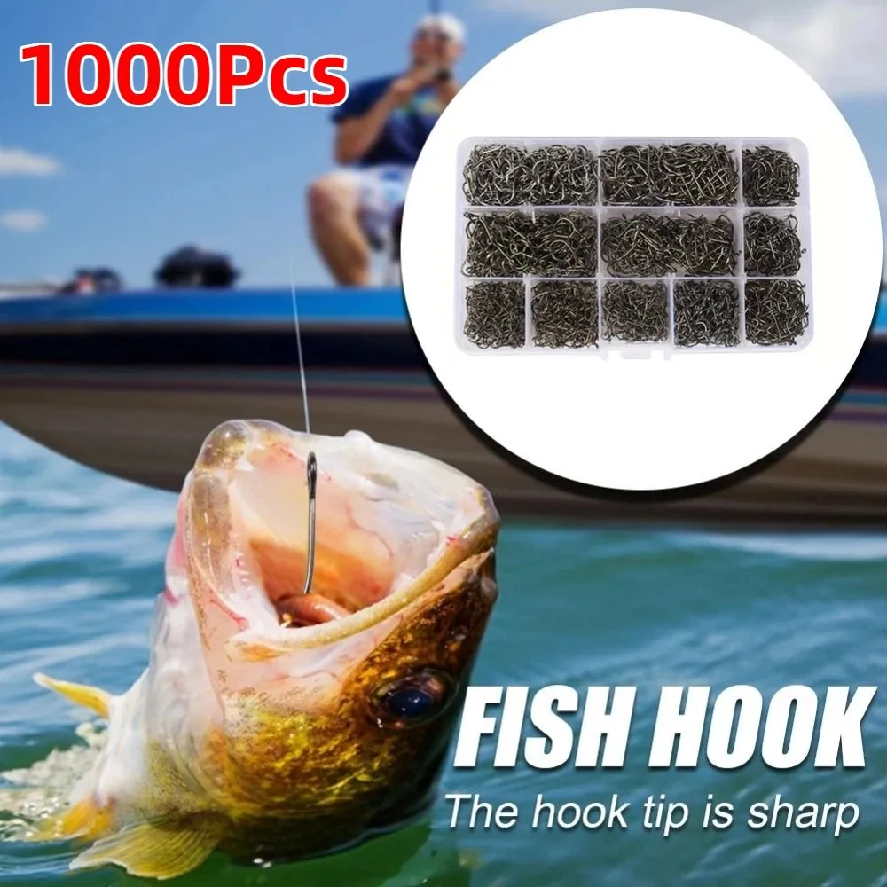 1000Pcs Carbon Steel Fishing Hooks Set Size 3-12 Durable Fishing Fixed Hooks with Holes Rustproof Barbed Fishing Hooks