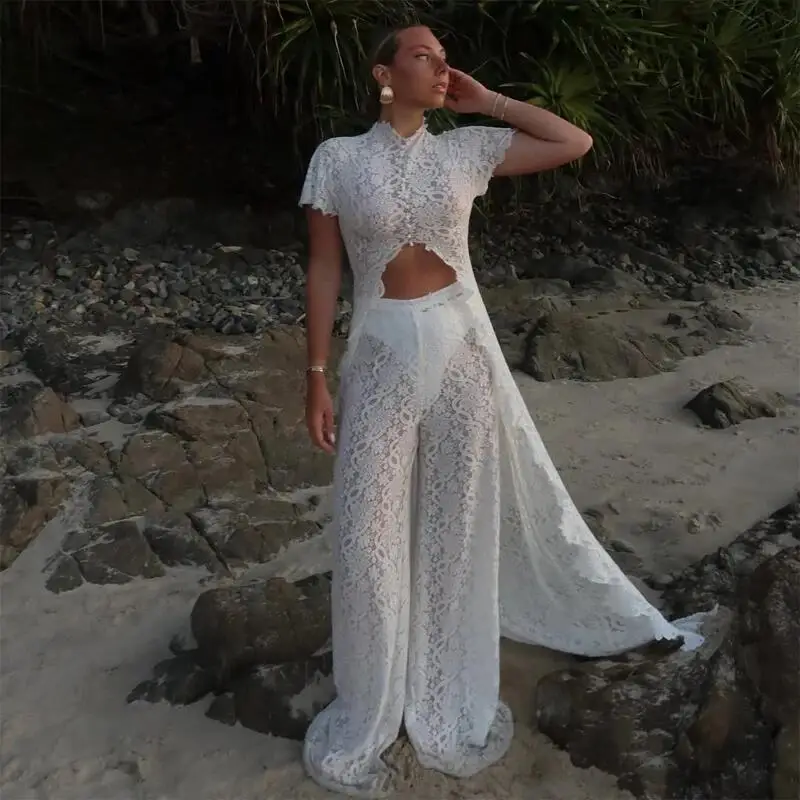 

Women White Lace Embroidery Pant Suit Stand Neck Sleeveless Hollow Out Waist Cinching Sheer See Through 2 Piece Set Ladies