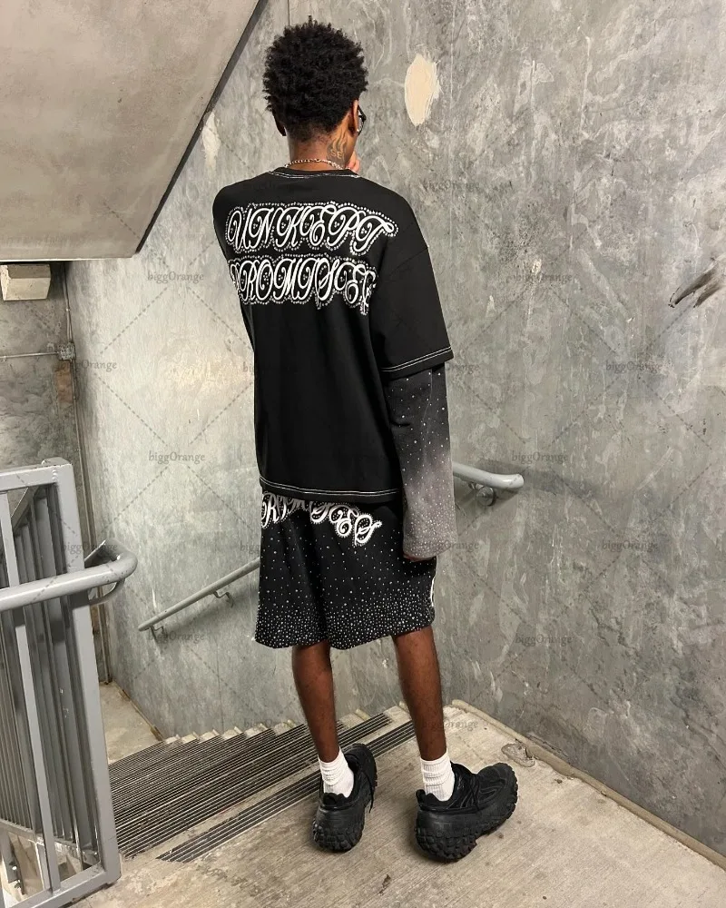 Hip-hop Trend Brand Streetwear Punk Gothic Letter Printed Top Men Y2K High Street American Retro Casual Fake Two-piece Women