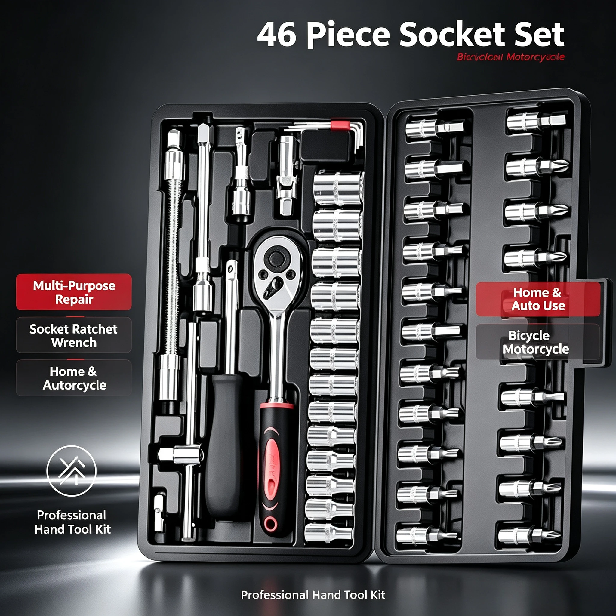 46Pcs Household Auto Repair Tool Set, Socket Ratchet Wrench Multi‑Purpose Hand Repair Kit