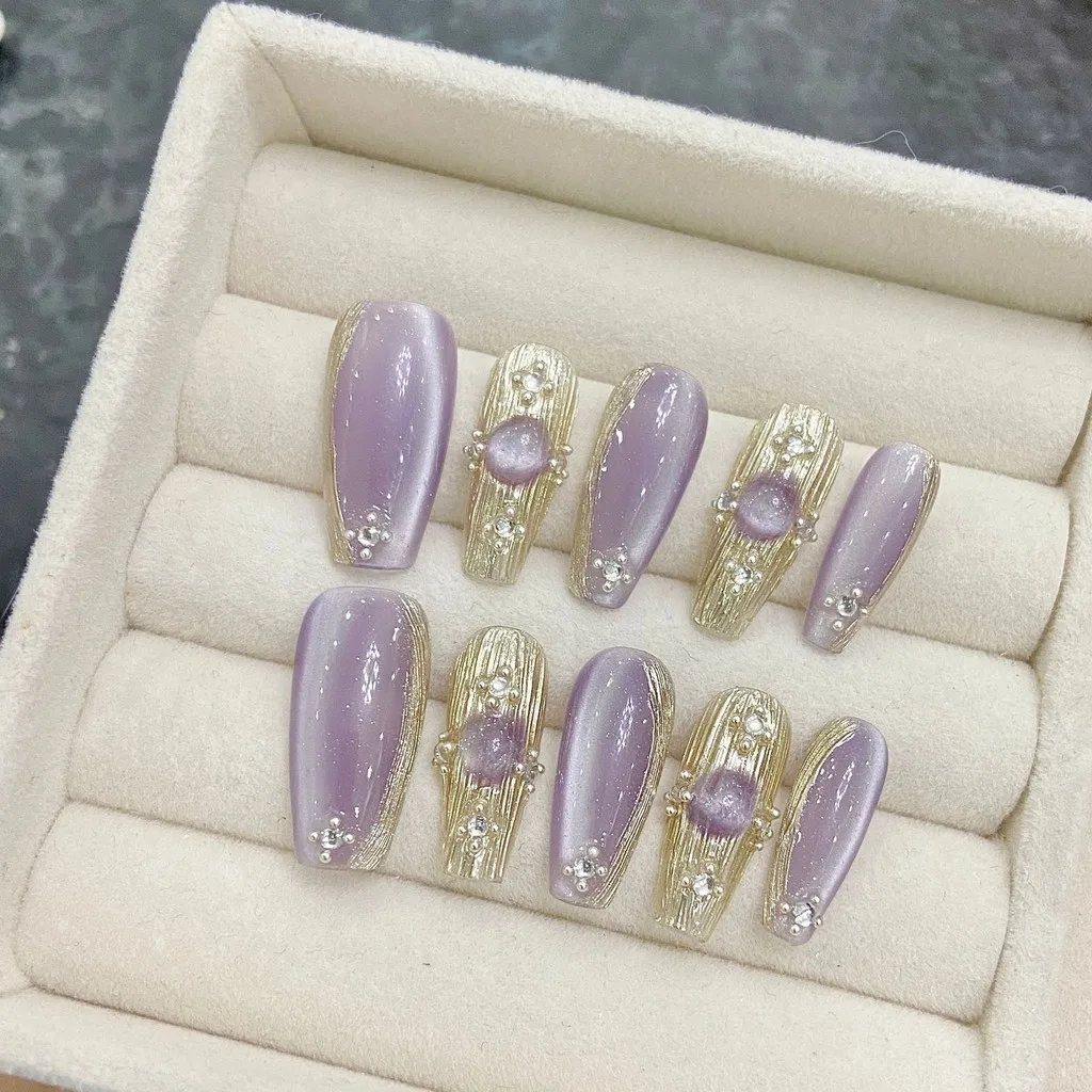 Lila handgemachte tragbare Nägel Premium Satin Cat Eye Nail Art Nail Zarte verträumte abnehmbare künstliche Nägel Vollständige Abdeckung Nagelspitzen – Detail 3