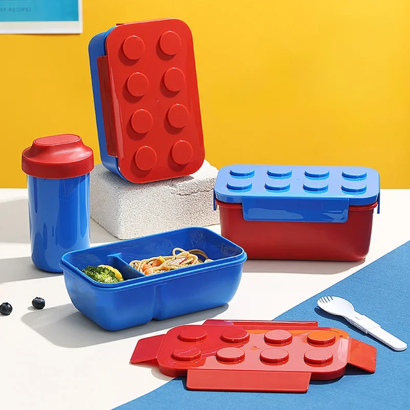 Creative Sealed Bento Box Colorful Building Blocks Design Double Deck Lunch Container for Kids Students Microwave Safe Portable