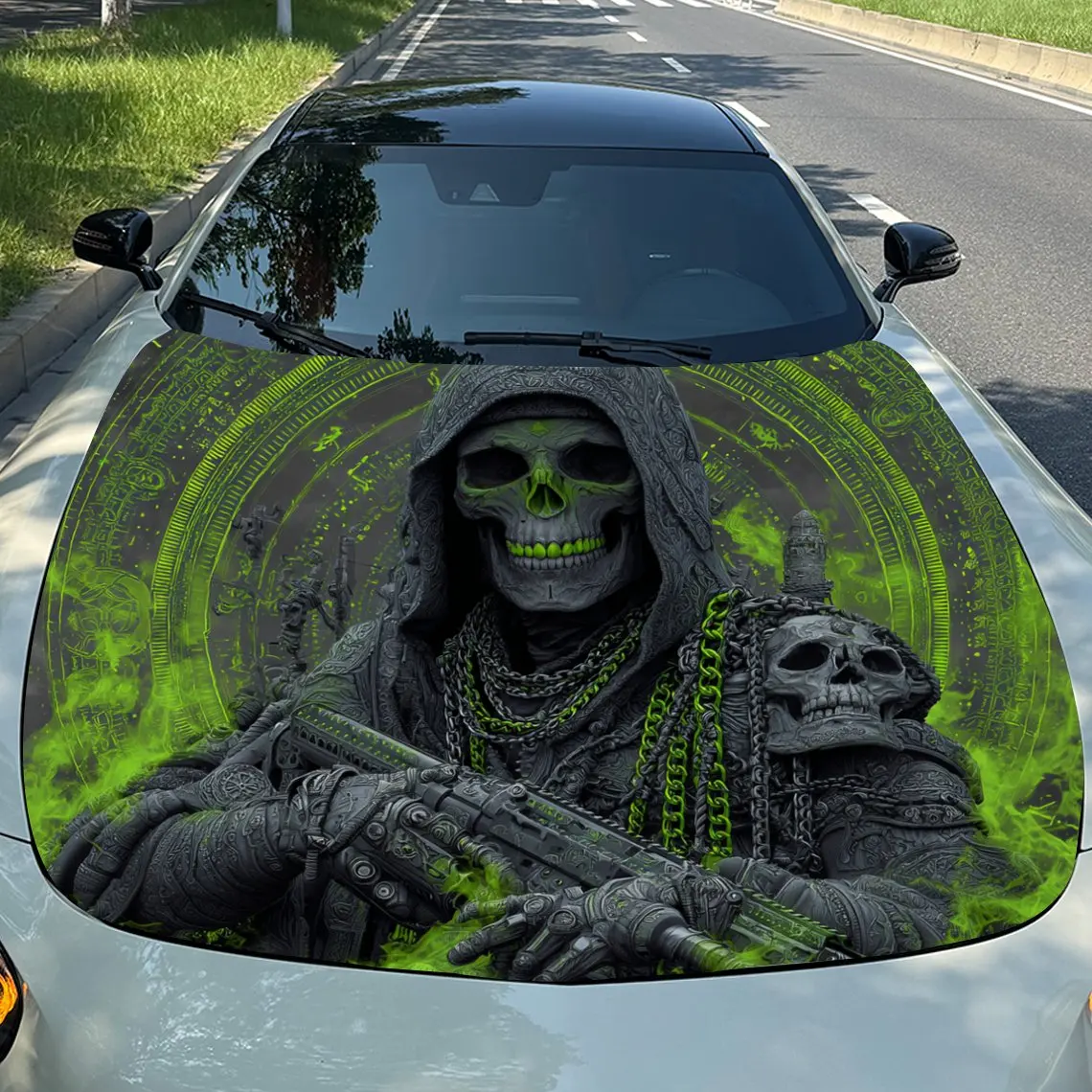 

Gun Wielding Green Skull Car Hood PVC Sticker, Durable Vinyl Wrap Film Suitable For Most Vehicles, Car Hood Protective Film Gift