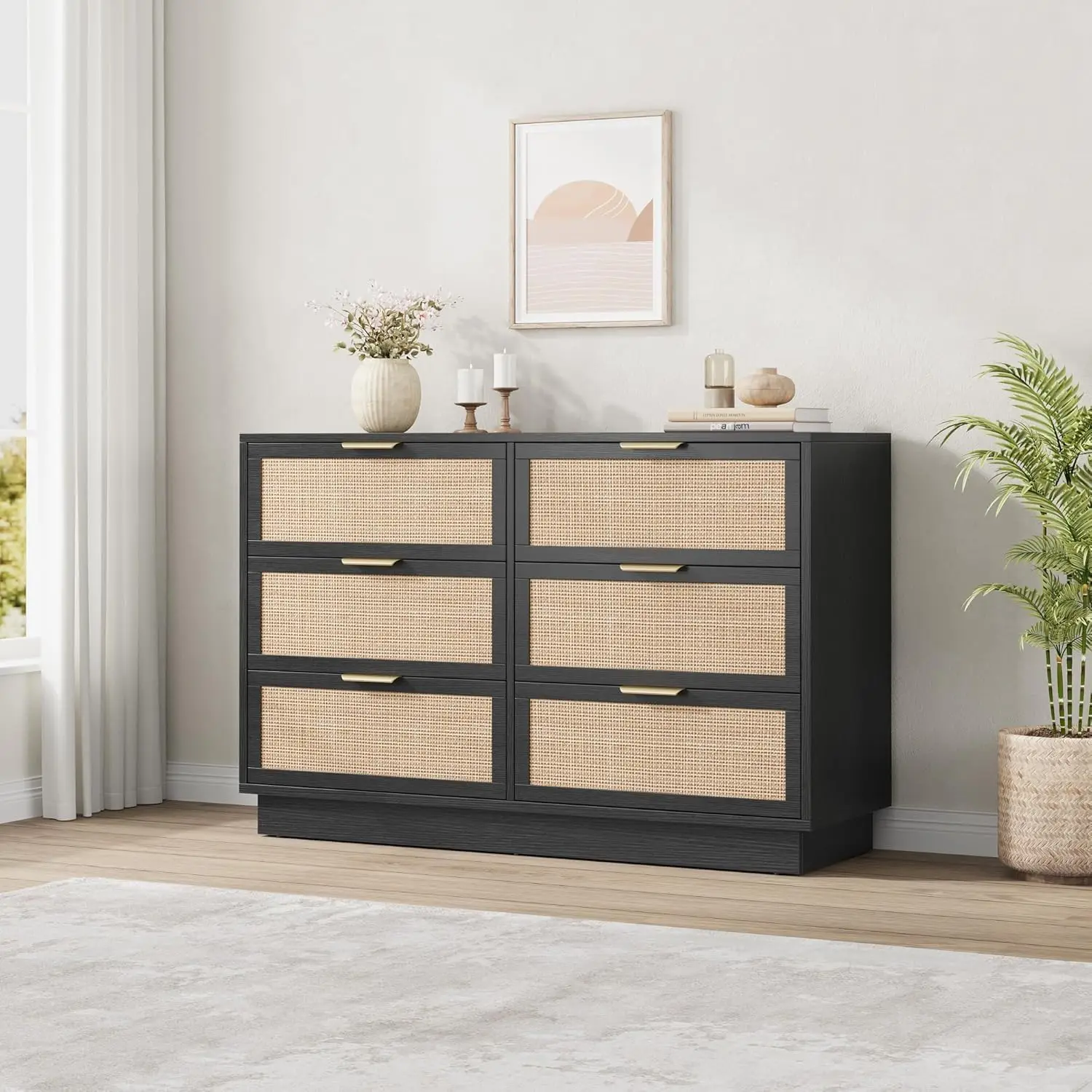 Modern 6 Drawer Rattan Dresser for Bedroom – Spacious Wooden Chest of Drawers with Integrated Cabinet Body & Legs – Large Storage for Hallway, Entryway, Nursery or Closet – Easy Assembly