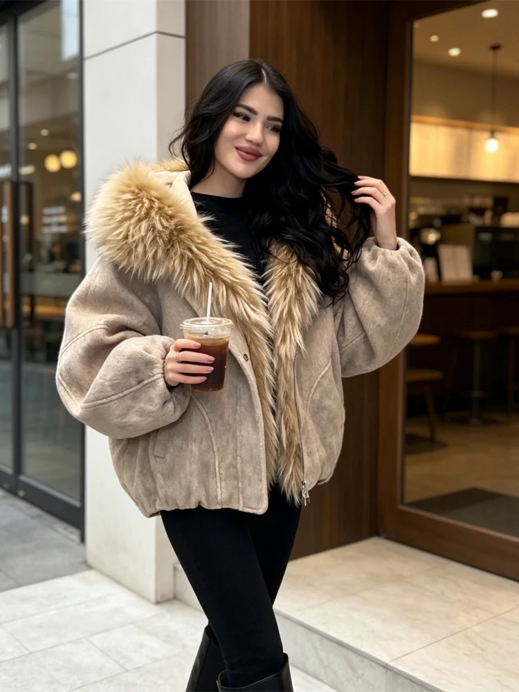 Women Faux Fur Trim Patchwork Hooded Jacket Plush Lining Zipper Long Sleeve Warm Winter Outerwear Winter Lady Daily Overcoat