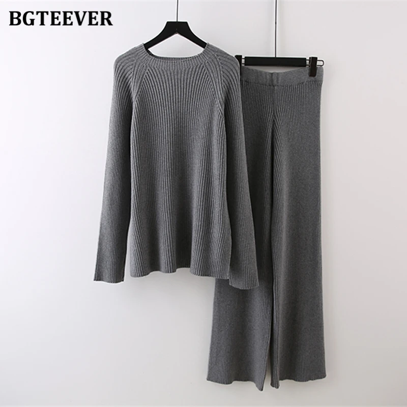 

BGTEEVER Women 2 Pieces Sweaters Set Winter O-neck Long Sleeve Knitted Jumpers Female Wide Leg Pants Ladies Knit Tracksuits