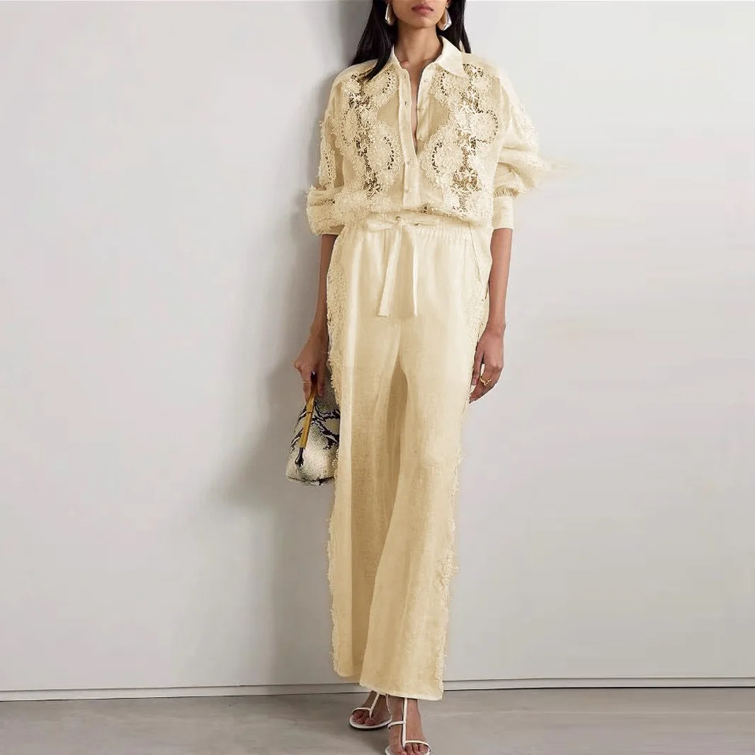 

Австралийский дизайн, тяжелая кружевная вышивка, отделка, широкие брюки, длинный комплект из двух предметов больших размеров, женская мода