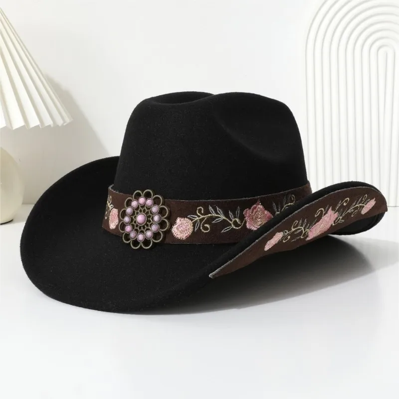 

Pink rose embroidered leather belt hat ethnic style top