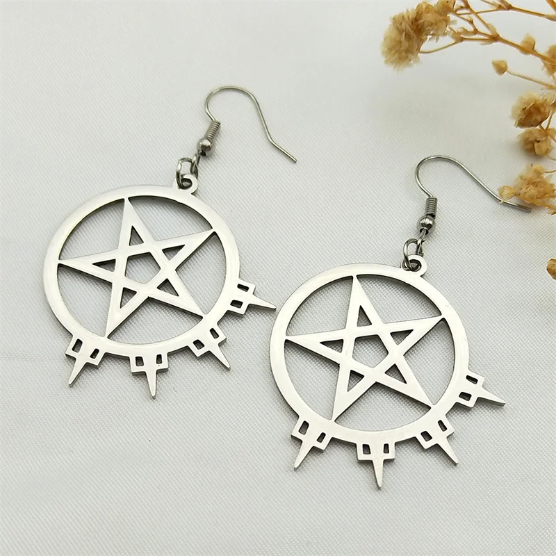 Deadly Enemy Metal Music Band Inverted Pentagram Hoop Earring for Women Stainless Steel Black Color Hip Hop Earrings Jewelry